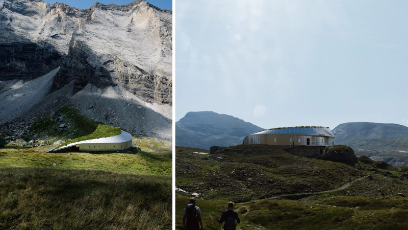 Snøhetta thiết kế nơi trú ẩn cho người đi bộ trong dãy núi Pyrenees với mái cỏ uốn lượn